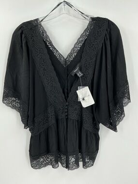 Forever 21 Black Lace-Trim V-Neck Blouse